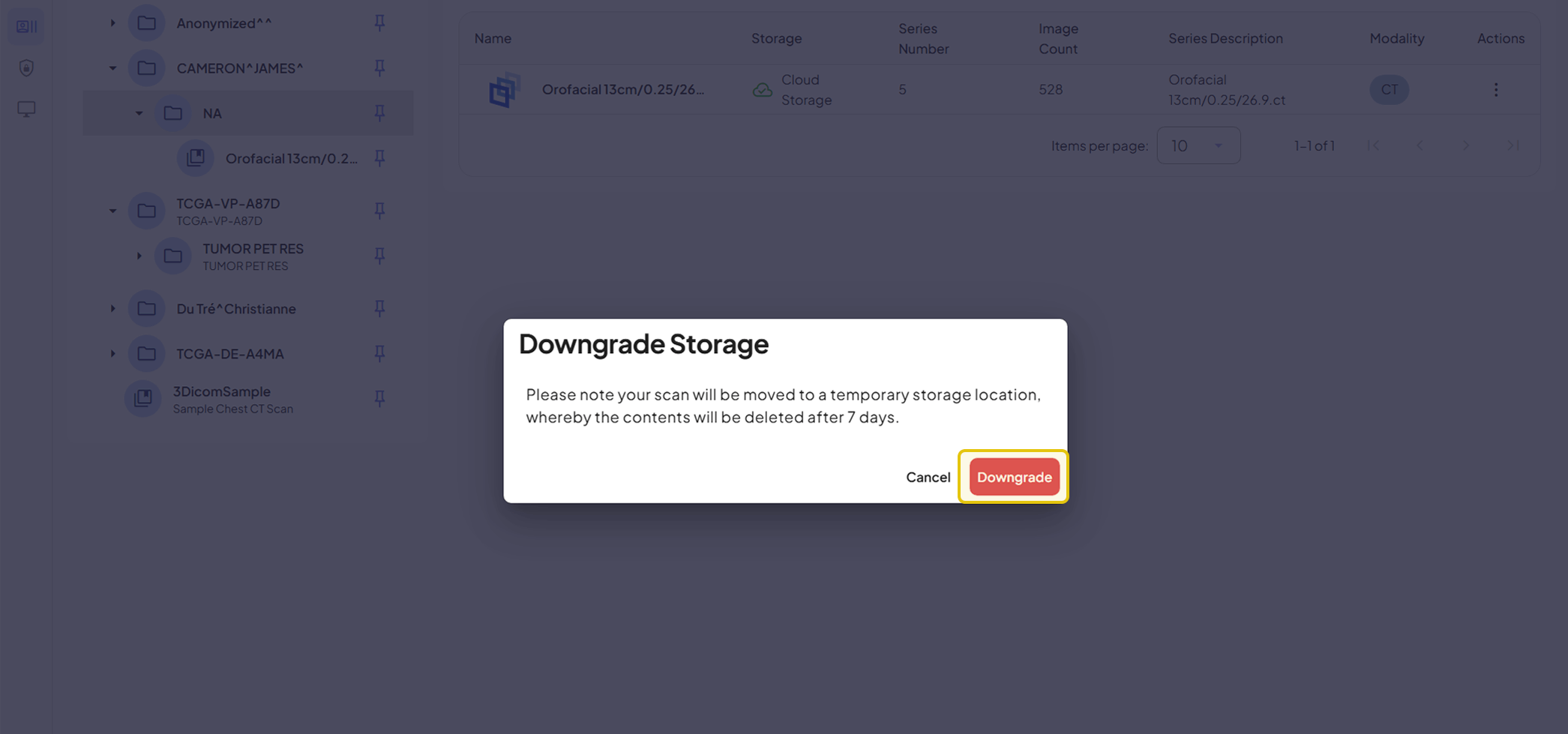 By clicking 'Downgrade' users will confirm they want to downgrade their scan's storage from long-term to short-term.