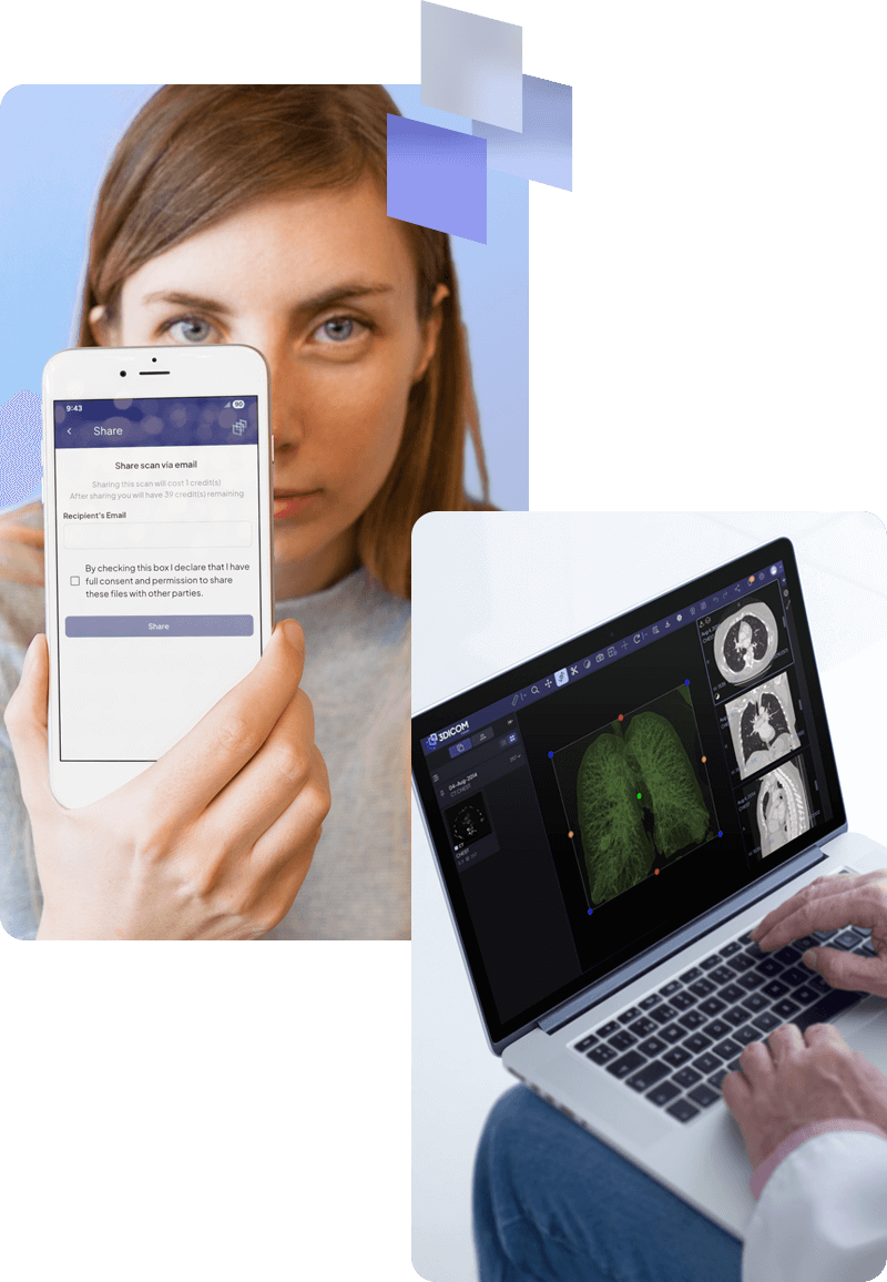 Una donna che tiene in mano il suo telefono con 3DICOM Mobile aperto per inviare una scansione e un'immagine di un medico che utilizza 3DICOM MD su un laptop per aprire la scansione.